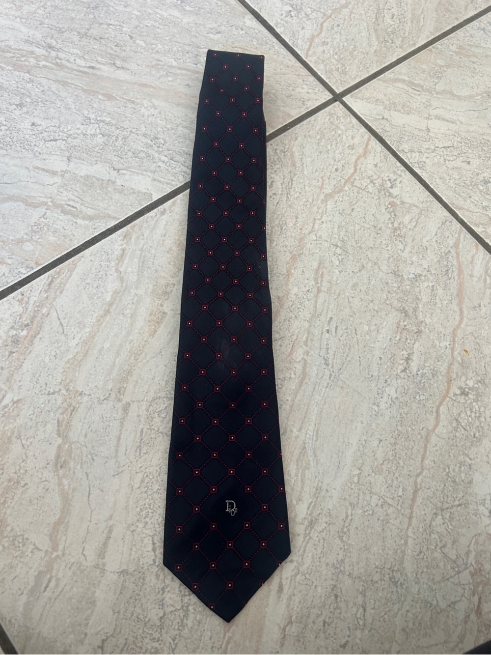 Vintage Dior Navy Tie with Red Dot Lattice